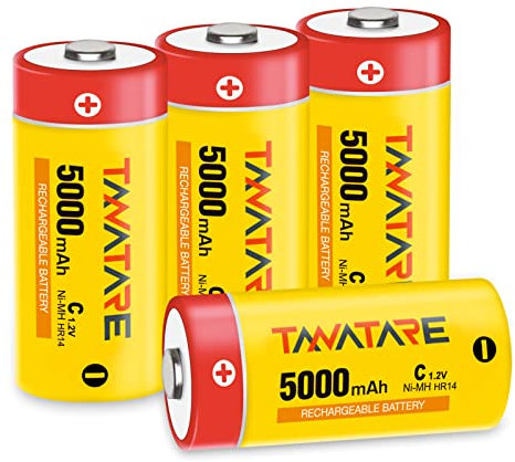 Tanatare 4 Pack Rechargeable C Batteries 5000 mAh 1.2V Low Self-discharge No Memory Effect 1200 Cycles NiMH C Cell Household Batteries for LED Torch Lights,Solar Light,Toy