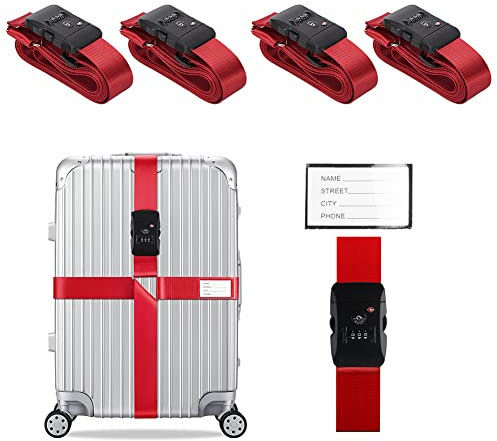 Veki Kreuz Gepäckgurte Kofferband Gurt TSA-Genehmigt mit Schloss Verstellbare Reisekoffergurte Koffergurt mit Namensausweis Packgurte für Koffer (Rot, 4 Stück)