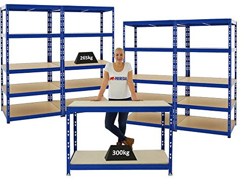 PROREGAL Mega Deal 4X Étagère Charge Lourde Tiger & 1x Etabli Tiger | 300kg par Niveau | Bleu | Étagère de Garage, de Cave, etabli de Travail, Bricolage