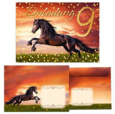 Junapack 12 Einladungskarten incl. 12 Umschläge zum 9. Kindergeburtstag neunte Geburtstag Mädchen Pferd braun