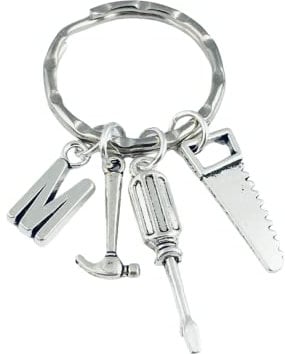 Personalised Tools Keyring with Hammer, Saw and Screwdriver Charms with initial, birthstone crystal, custom Builder Keychain, housewarming gift new house, horror, handyman diy father's day dad