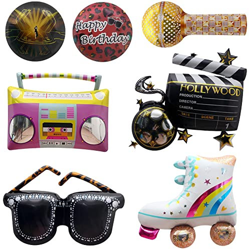 90s Party Aluminium Foil Balloons Rainbow Roller Skate Boom Box Balloon Sunglasses Microphone Balloons Round Colorful Foil Balloons for Party Decoration Themed party Supplies (7 pieces)