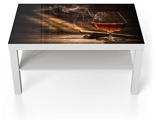 DEQORI Glastisch | weiß groß 90x50 cm | Motiv Whiskeyglas und Zigarre | ausgefallener Beistelltisch aus Glas | Hochglanz Couchtisch fürs Wohnzimmer | moderner Couch Tisch mit Design