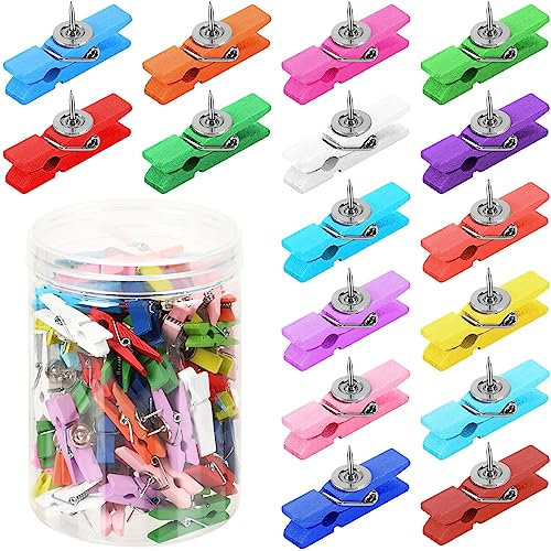 SANNIX 100Pcs Wooden Push Pin Clips,Wooden Clips with Thumb Tacks for Bulletin Board Cork Board Decorations and School Office Craft Photo Note Calendar Crafts Arts Projects Photo Supplies(Multicolor)