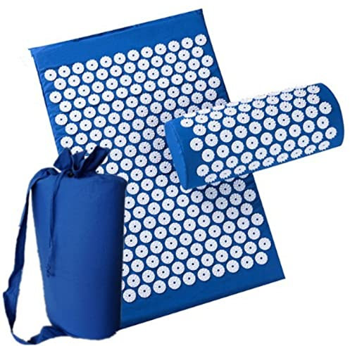 Akupressurmatte mit kissen,Akupressur-Set mit gepolsterten Akupressur-Kissen gegen Nacken- und Rückenschmerzen, Magnetfeldtherapie und Akupressur, mit Tragetasche, Männer und Frauen. (Blau)
