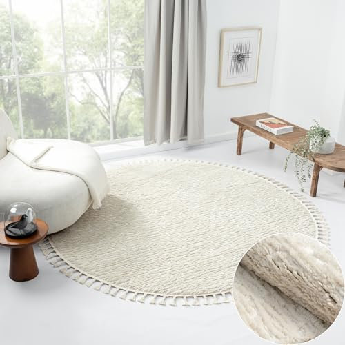 MY-RUG Teppich Liv rund 240 weiß: Runder Küchenteppich Ø240cm, Boho Stil mit Hochflor als Spielteppich oder Badteppich