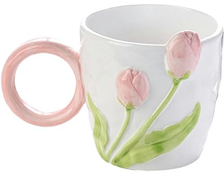 CAPIJIONG 400ml/13.5oz Tulip 3D Taza de cerámica en relieve de flor creativa pequeña fresca oficina tarde té café leche taza para oficina hogar-rosa-401-500ml