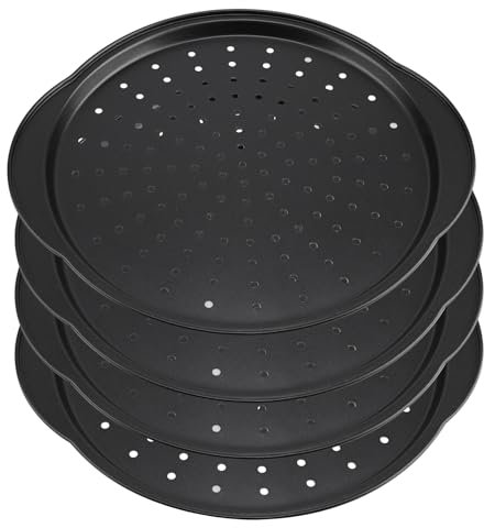ZEONHEI 4 Pack 12 Inch Pizza Trays for Oven, Non Stick Pizza Tray with Holes, Carbon Steel Round Pizza Baking Pan with Handle for Making Pizza