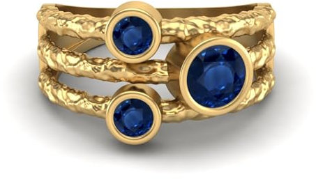 MOONEYE 0,70 Ctw-Runde Blauer Saphir Ring mit geteiltem Schaft, gehämmertes geteiltes Band, 925er-Sterlingsilber, Trio-Stein-Ring Gold Vermeil, 60