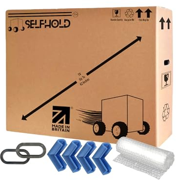 SelfHold TV Box Kit for Moving House with Foam Corners & Bubble Wrap & Easy Grip Hand Holds - Available Size 22 inch to 85 inch - Double Wall Solid Cardboard TV Box (85 Inch)