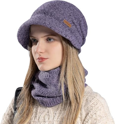WANYIG Damen Wintermütze Strickmütze mit Schal mit Schal Herbst Damenmützen Winter Schal und Mütze Set mit Visier/Weichem Innenfutter Gefütterte (Violett)
