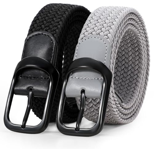 WERFORU 2 Pack Stretch Woven Belts Men's Elastic Braided Belt 1 3/8 Casual Golf Belt for Jeans Pants Black+Grey
