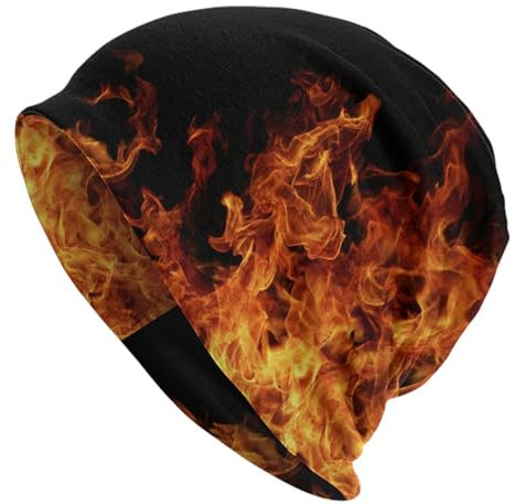 Beanie-Mütze, warme Totenkopfmütze, brennende orangefarbene Flamme, schwarz, Winter-Skimütze, weiche Strickmütze, lässige Kappe für Damen und Herren, Burning Orange Fire Flame On Black, One size