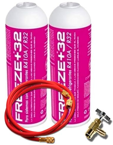 Genérico 2 Botellas Gas Refrigerante Freeze Organico +32 350Gr + Valvula Sustituto R32, R410A. + Manguera de Carga