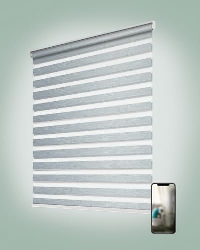 Yoolax Motorized Zebra Blinds for Windows, Smart Zebra Shades Work with Alexa Google via Hub, Motorized Blinds with Remote Light Control Horizontal Window Blinds(80% Shading Luxury Grey)