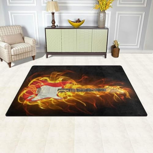 XEODIAT Flame Music Guitar Area Rugs Flame Music Art Easy Clean Floor Carpet for Bedroom Living Room Indoor Carpet Nursery Room Home Decor Aesthetic Rug 160 x 230 cm