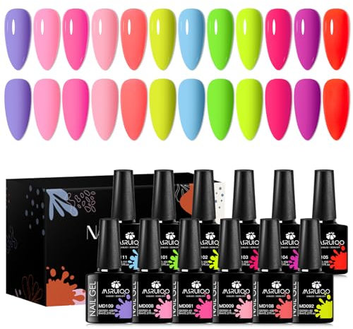MSRUIOO Neon Gel Nagellack UV Set UV Nagellack 12 Farben Rosa Blau Violett Grün Sommerfarben Soak-Off Shellac Maniküre Set für Anfänger Nail Art Salon DIY