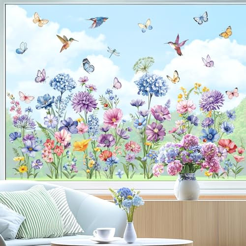 decalmile Fensteraufkleber Blumen Fensterbilder Frühling Sommer Fenster Abziehbilder Wildblumen Schmetterlinge Anti-Kollision Fenstersticker Glas Fensterdeko Aufkleber