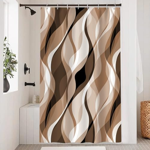 Uiiooazy Rideau Douche Anti Moisissure, Rideau de Douche Brun Abstrait Rayures Khaki Rayé Rideaux de Baignoire Tissu Imperméable Lavable Polyester Rideaux Salle de Bain avec 8 Crochets 120x180cm