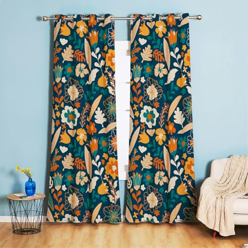 Tokusyou Blickdicht Gardinen Blumen Pflanzen Muster Vorhänge mit Ösen Landhausstil Vintage Verdunklung Dekoschal Thermovorhang Kälteschutz für Wohnzimmer Kinderzimmer 2er Set 158×132cm(H×B)