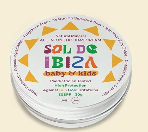 Sol De Ibiza Mineralischer Sonnenschutz LSF30, Gesicht und Körper, natürliche Inhaltsstoffe, Nano-Zinkoxid, vegan, wasserdicht, 0+ Monate, neue cremige Textur (30 g)
