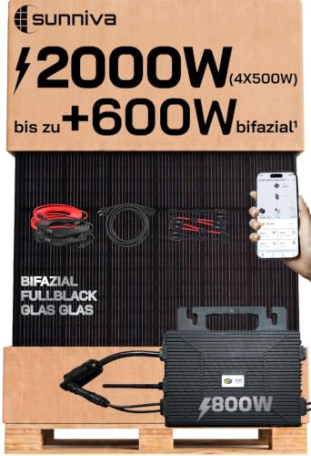 SUNNIVA® 2000W Balkonkraftwerk mit 800W Wechselrichter ASTRO-E, BIFAZIAL FULLBLACK komplett Steckdose, PV Solaranlage Komplettset mit 5 m Anschlusskabel und 4x 2.5m Solarkabel, 4x 500W N-Type Glas