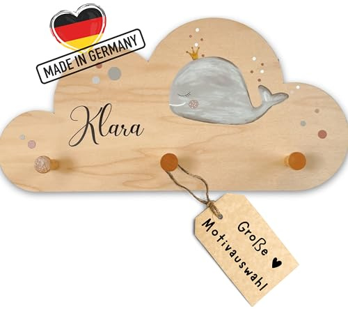 EmiliaLotte Kindergarderobe Personalisiert mit Wunschname I Garderobe Kinder aus Holz - Verschiedene Motive & Farben I Wandgarderobe Kinder mit 3 Haken - 41x20 cm I Montessori Garderobe