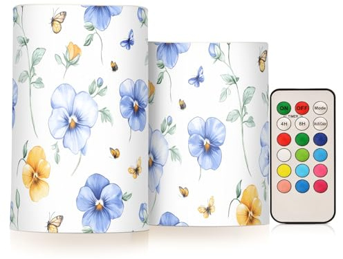 GuoChe Cute Blue Pansy LED Pillar Candles Battery Operated with Color Changing Timer Remote Control for Party Holiday Home Decor 2 Pcs