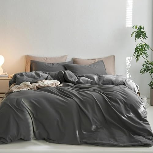 Sedefen Bettwäsche 200x220 cm Baumwolle Dunkelgrau,Oeko-TEX zertifizierte | Baumwollbettwäsche,Renforce Bettwäsche,Leinenoptik Bettwäsche für Allergiker,Bettbezug mit Reißverschluss 2 Kissenbezug 80x80