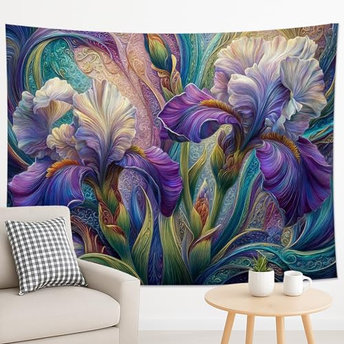 Iris Floral Violet Tapisserie, bunter botanischer dekorativer Wandbehang, künstlerische Wandteppiche, ästhetisch für Schlafzimmer, Wohnzimmer, Schlafsaal, 228 x 178 cm
