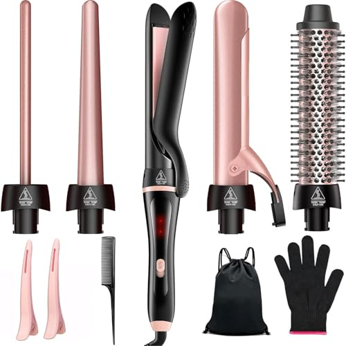 5 in 1 Curling Iron, Curling Wand Set with Thermal Brush Flat Iron Hair Straightener Interchangeable Ceramic Barrels (0.35-1.25) Instant Heat Up for Waves Dual Voltage Hair Curler, Gifts for Women