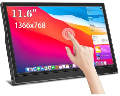 11,6-Zoll tragbarer Monitor Touchscreen 1366x768 60HZ FHD LCD kleine Touchscreen-Anzeige mit eingebauten Dual Stereo Lautsprecher, HDMI und Typ-C-Anschlüsse, geeignet für PC / Laptop / Telefon / Mac