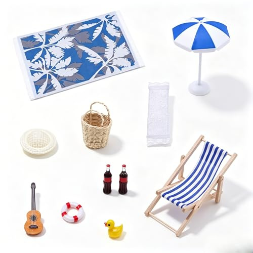 11 Stück Strand Deko Set, Miniatur Zubehör für Puppenhaus, Mit Strandstuhl, Schwimmring, Sonnenschirm für Fotos, Wichtel Deko, Sommer Strand Theme Dekoration für Torte, Modellbau, DIY Projekt (11)