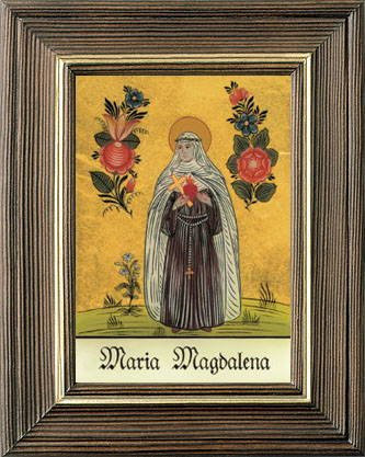 Hinterglaswerkstätten - Hinterglasbild/Patronatsbild Hl. Maria Magdalena 2 mit braun gebeizten Holzrahmen, handbemalt mit Legende des Heiligen auf der Bildrückseite, ca. B: 12,5 x H: 16 cm