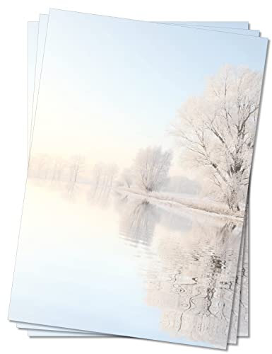 Motivpapier Briefpapier (Wintersee-5061, DIN A4 25 Blatt) See im Winter mit am Ufer stehenden verschneiten Bäumen