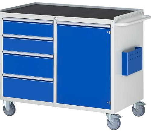 RAU | Kompaktwerkbänke | fahrbar | 4 Schubladen | 1 Tür | Metallablage mit Gummimatte | lichtgrau/enzianblau