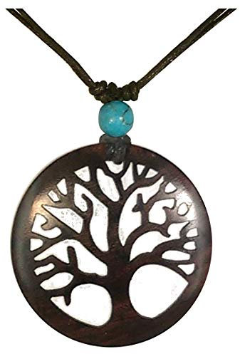 CHICNET Wooden Necklace Turquoise Stone Wood Pendant Round brown Adjustable Celtic Nordic Viking Celtic Ethnic Tribal Women's Men's Tree of Life Yggdrasil