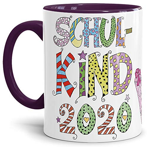 Tassendruck Geschenk Tasse zur Einschulung für Kinder mit Spruch - SCHULKIND 2020 - Geschenkidee zum Schulanfang/Erinnerung Schulbeginn/Erstklässler 2020 Mädchen - Innen & Henkel Violett
