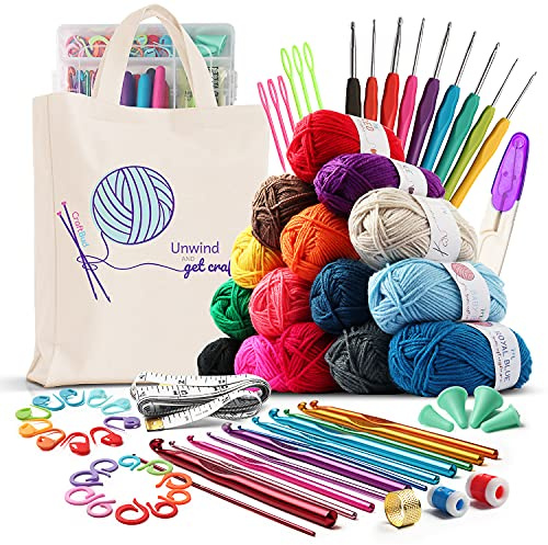 CraftBud 73-teiliges Häkelset für Anfänger, Erwachsene und Kinder, Premium Häkelset mit 21 Häkelnadeln Set und 1500 Yards Garn für Häkelset, Canvas-Tragetasche und vieles mehr