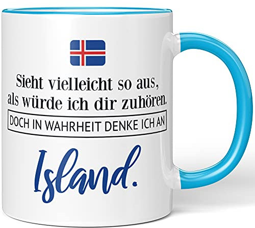 JUNIWORDS Tasse, Sieht vielleicht so aus, als würde ich dir zuhören. Doch in Wahrheit denke ich an Island (1001305), Wähle Farbe, Blau