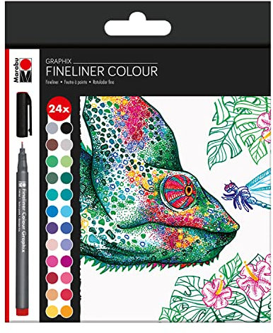 Marabu 0146000000104 - Fineliner Graphix, Set Hypnotize, 24 brillante Farben, Strichstärke ca. 0,5 mm, wasserbasierte Pigment-Tusche, metallgefasste Kunststoffspitze
