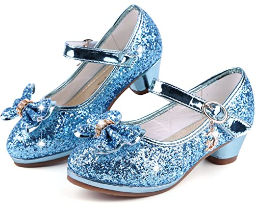 KUWIBY Girl Sandals Glitter Princess Shoes Sequin Party Shoes Bling Bowknot High Heels Wedding Birthday Dress Comfort Bright Diamond Cosplay Dance for Little Girls Christmas Blue