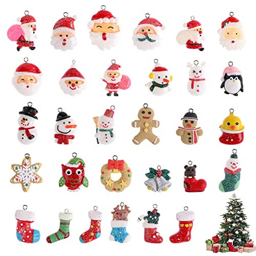 30 Pcs Christmas Charm Pendant, 3D Resin Mini Christmas Ornaments, Mini Christmas Tree Decorations Assorted with Christmas Characters for DIY Crafts, Jewellery Making