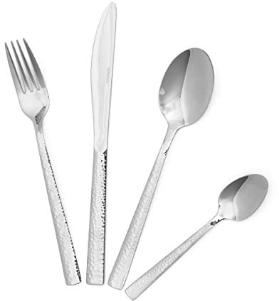 HOMLA Martello Besteck Essbesteck Besteckset - Sechs Löffel Sechs Gabeln Sechs Messer Sechs Löffel mit Gehämmertem Griff - Spülmaschinenfest Silber 24 Stück