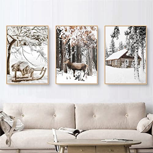 TROYSINC 3er Premium Poster Set, Winter Bilder, Elch, Holzhaus, Wald Wandkunst Wandbilder, Leinwand Drucke Wohnzimmer bilder Modern Wanddeko Bilder, Kein Rahmen (A,40x60cm)
