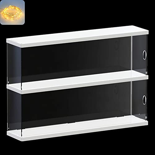 Nynelly 2 Layer Clear Acrylic Display Case with Door - Display Shelf for Models, Figures, Funko Pop, Pop Mart, Labubu, Sonny Angel, Smiski - Assemble Dustproof Display Box (40x10x27 cm, White)