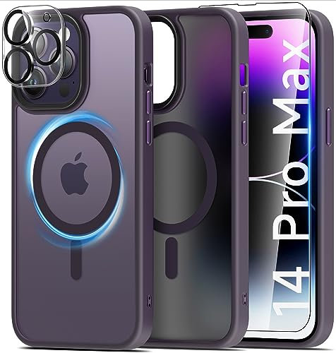 Mootobo 4 in 1 Magnetic Case for iPhone 14 Pro Max Compatible with MagSafe, Translucent Frosted Back Scratchproof Dropproof Case with 2 Pack Screen Protector + Lens Protector 6.7 inch - Deep Purple