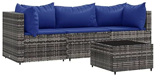 vidaXL Garten Lounge Set 4-TLG., Gartenmöbel Set mit Kissen, Sitzgruppe für Garten Terrasse, Modular Sofa Garnitur Loungemöbel, Grau Poly Rattan