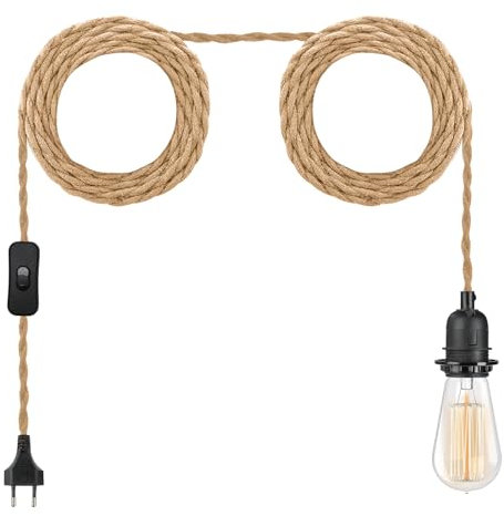 Plug-in Cable Pendant Light (Natural Brown+Hemp Rope+ON/Off Switch)