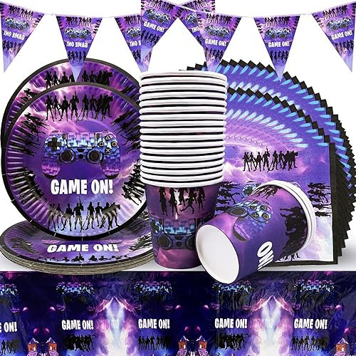 Videojuegos Vajilla de Fiesta, Fortnite Decoraciones Fiesta incluír 10 Pentejes, 20 Platos,20 Vasos,20 Servilletas y 1 Mantel, Preparación Rápida para la fiesta de Cumpleaños Infantil